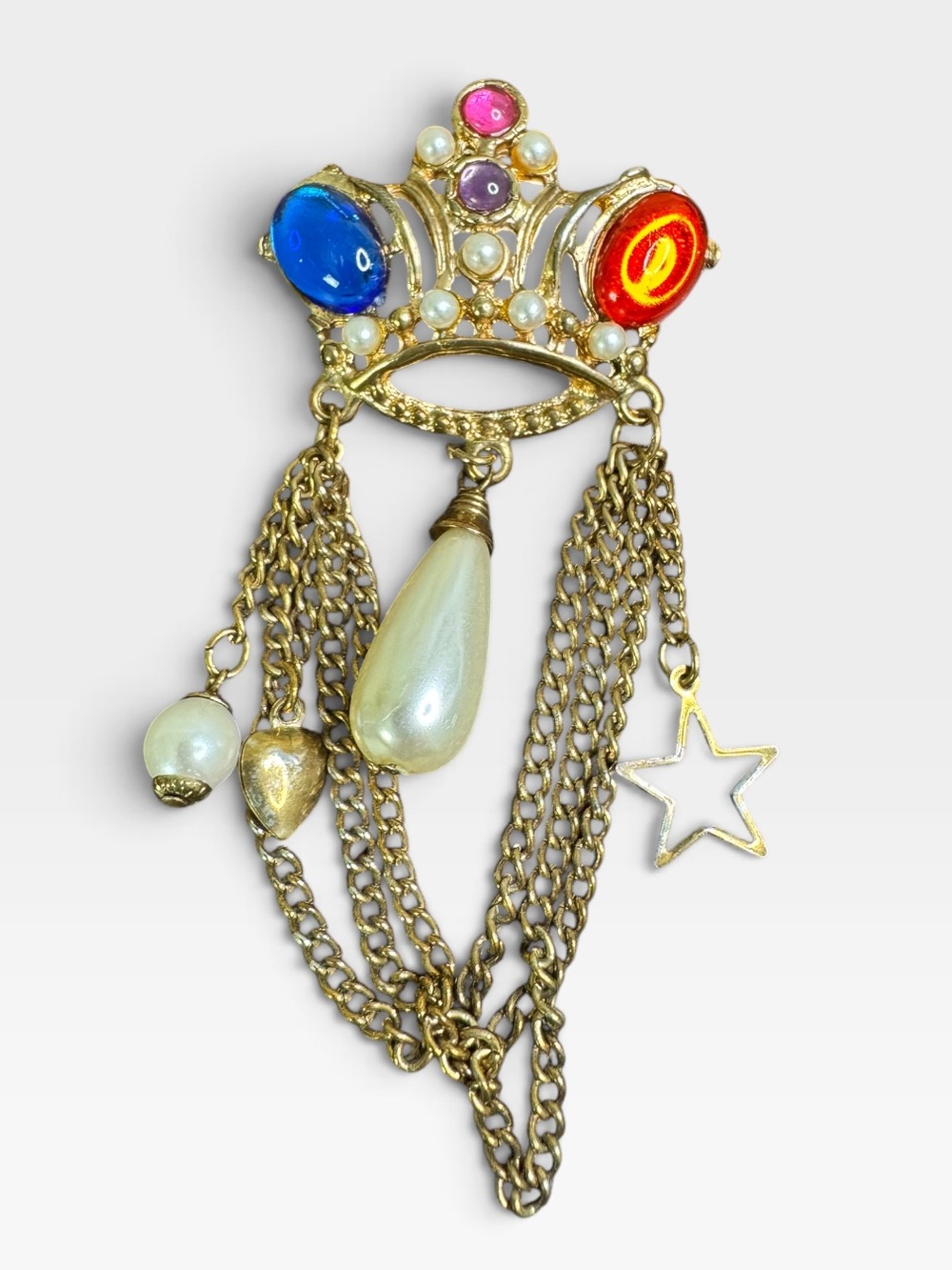 Gold-Tone Crown Pendant Necklace with Multicolor Cabochons and Pearl Drops